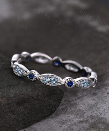 Unique Blue Topaz Wedding Band Art Deco Blue Sapphire Ring Sterling Silver Stacking Matching Band December Birthstone Ring Gemstone Band