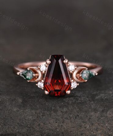Coffin cut Garnet engagement ring unique kite cut moss agate ring crescent style ring rose gold ring for women January birthstone ring