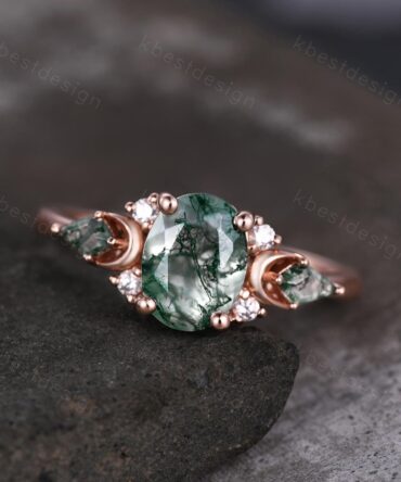 Vintage moss agate engagement ring unique rose gold ring for women crescent style ring kite cut moss agate cluster ring bridal ring
