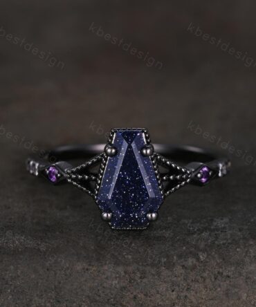 Coffin cut blue sandstone engagement ring Black gold ring Art deco milgrain amethyst wedding ring gothic galaxy ring bridal promise ring