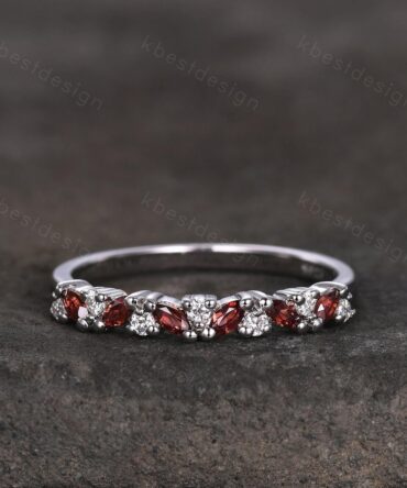 Garnet cluster wedding band Unique marquise cut garnet wedding band Vintage Moissanite ring Sterling silver ring Anniversary gift for Her