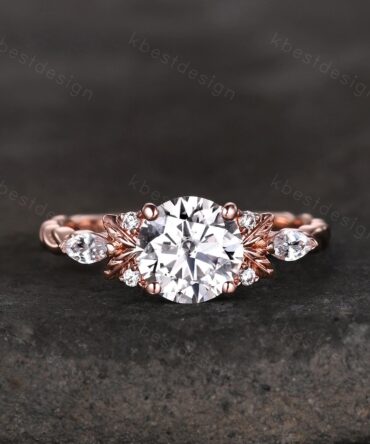 Vintage round Moissanite engagement ring nature inspired ring rose gold branch leaf ring Unique twisted band Bridal Promise ring