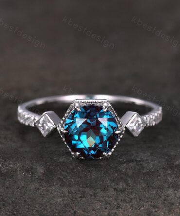 Round cut Alexandrite engagement ring unique art deco milgrain moissanite wedding ring anniversary promise ring Alexandrite jewelry