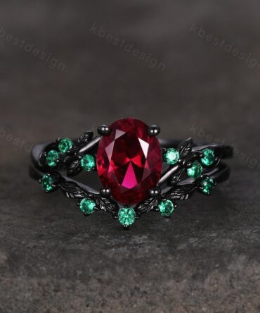 Vintage oval ruby engagement ring set black gold twig leaf emerald ring nature branch ring unique art deco bridal wedding ring set July ring