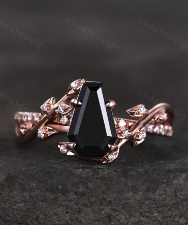 Coffin cut black onyx engagement ring Rose gold ring Art deco twig leaf moissanite wedding ring nature inspired ring bridal promise ring