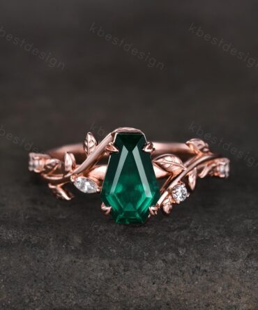Vintage coffin green emerald engagement ring rose gold twig leaf moissanite wedding ring nature inspired ring Emerald bridal promise ring