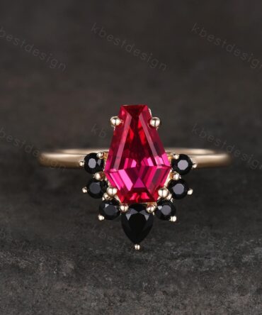 Coffin shaped Ruby engagement ring Unique art deco black spinel ring yellow gold ring vintage bridal promise ring July birthstone ring