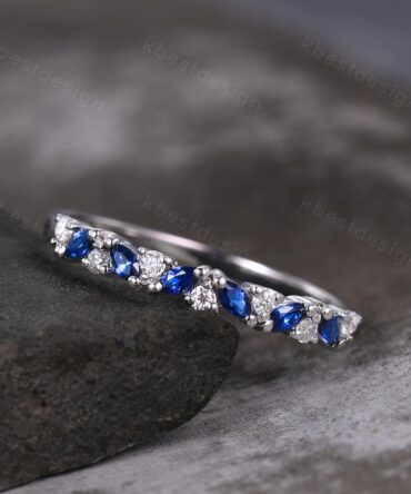 Blue Sapphire cluster wedding band Unique marquise cut wedding band Vintage Moissanite ring Sterling silver ring Anniversary gift for Her