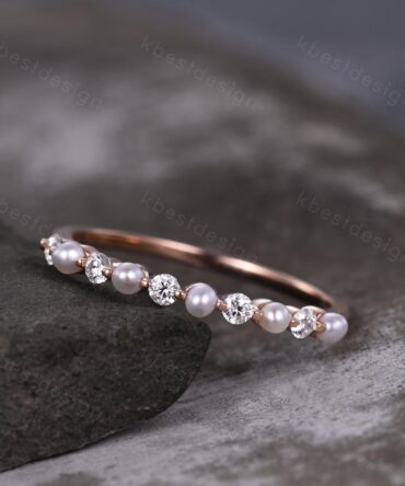 Pearl Moissanite wedding band Unique half eternity wedding band Vintage Moissanite ring rose gold ring Anniversary gift for Her