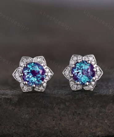 Vintage round Alexandrite earrings antique moissanite halo earrings studs silver color changing stone studs June Birthstone gift for her