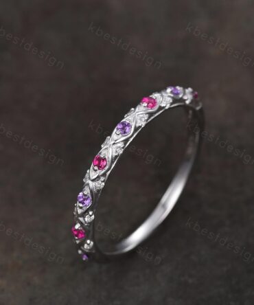 Antique Ruby Amethyst Wedding Band Women Solid 14K White Gold Band Moissanite Wedding Band Vintage Stacking Matching Band Anniversary Ring