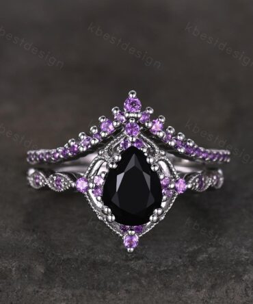 Vintage black onyx engagement ring sterling silver ring art deco curved stacking band pear shaped bridal set unique amethyst wedding set