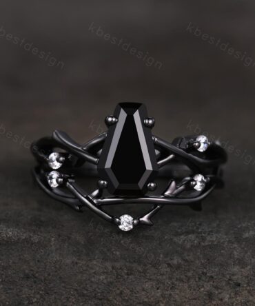 Vintage coffin cut black onyx engagement ring set black gold twig twisted moissanite ring nature branch ring unique bridal wedding ring set