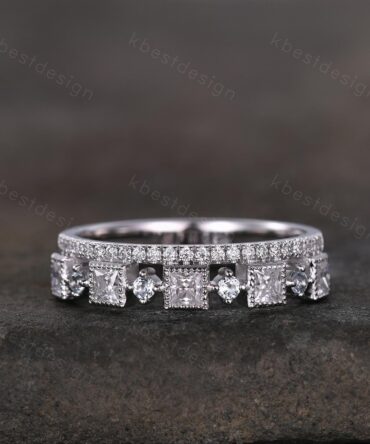 2mm princess cut Moissanite wedding band white gold milgrain bezel set wedding band art deco stacking matching band unique anniversary gift