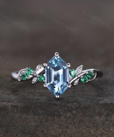 Vintage blue topaz engagement ring unique hexagon cut ring Art deco leaf design emerald ring nature inspired ring December promise ring