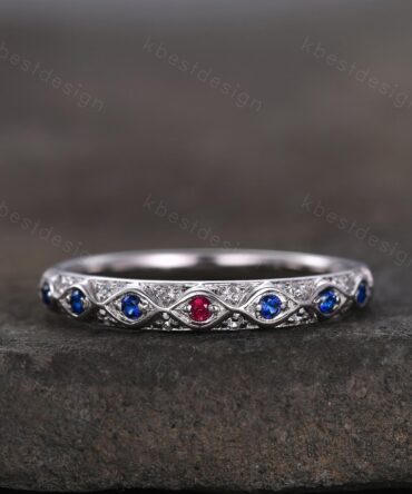 Antique Blue Sapphire Wedding Band Women Vintage Ruby Wedding Band Multi Gemstone Band Art Deco Stacking Matching Band Anniversary Ring