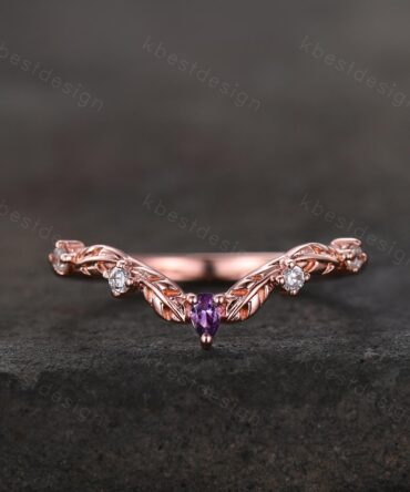 Unique Curved Amethyst Wedding Band Women Rose Gold Band Nature Leaf Style Stacking Moissanite Band Bridal Anniversary Ring