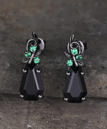 Nature inspired black onyx earrings women black gold earring studs coffin cut earrings art deco twig studs anniversary gift for her