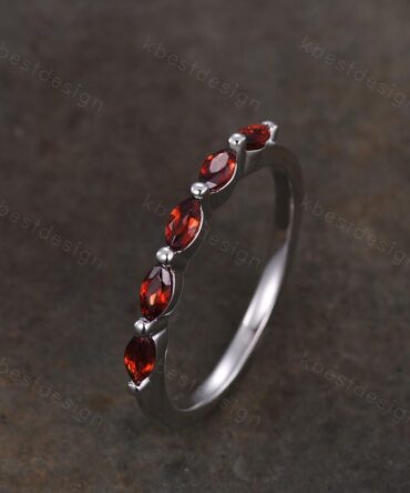 Marquise cut Garnet Wedding Band,White Gold Wedding Band,Unique Five Stone Ring,January Birthstone Jewelry,Gift For Mom,Personalized Ring