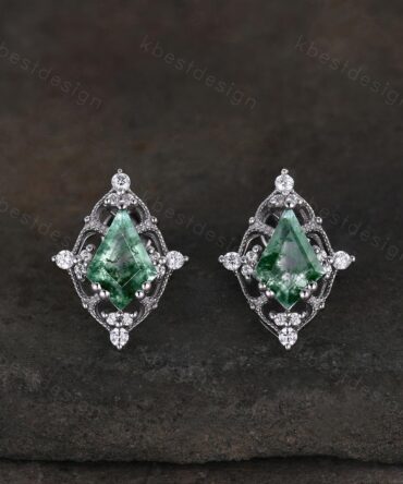 Art deco moss agate earrings women sterling silver earring studs kite cut earrings vintage green agate studs anniversary gift for her