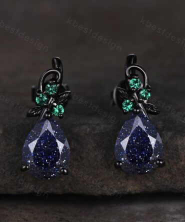 Nature inspired blue sandstone earrings women black gold earring studs teardrop earrings art deco emerald studs anniversary gift for her