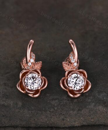 Floral inspired moissanite earrings women rose gold earring studs branch leaf earrings art deco moissanite studs anniversary gift for her
