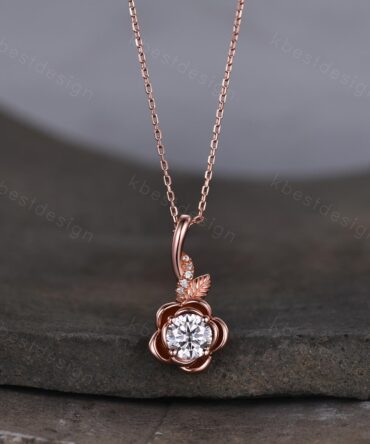 Vintage round Moissanite necklace antique floral leaf pendant necklace rose gold nature inspired necklace Moissanite gift for her
