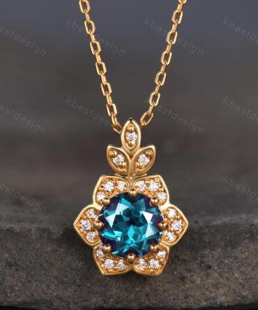 Vintage round Alexandrite necklace antique moissanite halo pendant necklace yellow gold alexandrite necklace June Birthstone gift for her