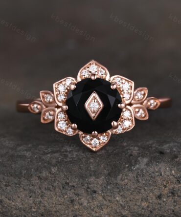 Vintage round Black Onyx engagement ring antique moissanite halo ring rose gold floral petal ring Nature inspired ring Promise ring