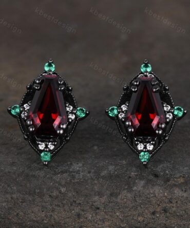 Antique garnet emerald earrings black gold earring studs coffin cut earrings vintage red garnet studs antique anniversary gift for her