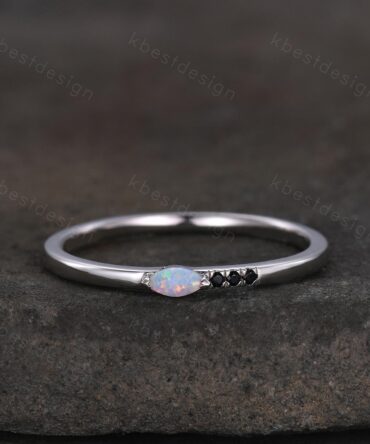 Minimalist Opal wedding band silver Black spinel band dainty marquise cut opal ring Unique stacking matching band Promise Anniversary gift