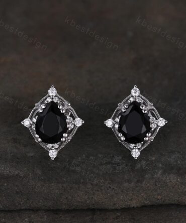 Vintage black onyx earrings women sterling silver earring studs pear cut earrings vintage black onyx studs antique anniversary gift for her