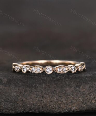 Dainty Moissanite wedding band women art deco half eternity band 14k solid gold wedding band Unique Stacking Matching anniversary ring gift
