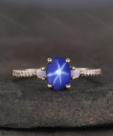 Star Sapphire Engagement Ring Oval Cut Galaxy Crystal Engagement Ring Yellow Gold Opal Three stone Ring Unique Promise Ring September Ring