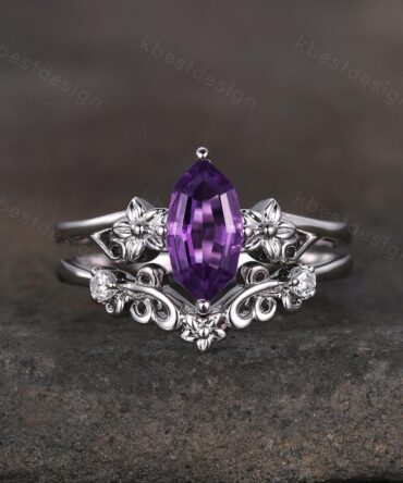 Antique Amethyst Engagement Ring Floral Hexagon cut Amethyst Bridal Set Unique Curved Moissanite Wedding Ring Anniversary Promise Gift