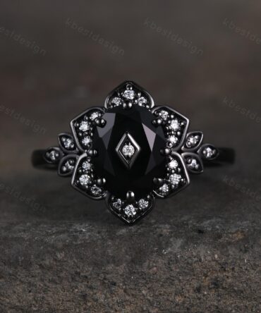 Antique black onyx engagement ring Black gold ring Art deco floral design moissanite wedding ring unique petal ring bridal promise ring