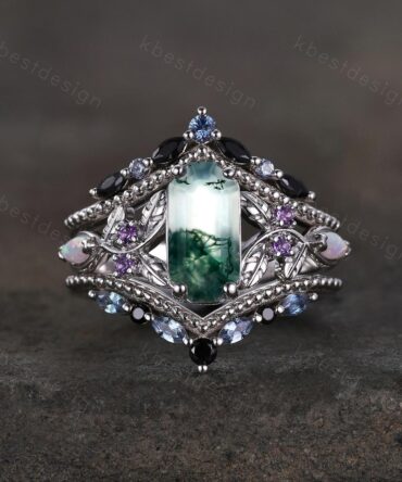Antique Moss Agate Engagement Ring Set Retro Emerald cut Engagement Ring Unique Double Curved Alexandrite Stacking Band Bridal Promise Set