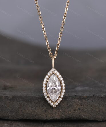Marquise cut Moissanite necklace 14k solid gold halo moissanite diamond necklace pendant Vintage bridal anniversary gift for her