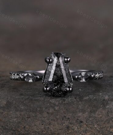 Vintage coffin cut black rutilated quartz ring Gothic black gold engagement ring unique ring Moissanite accents Anniversary promise ring