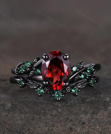 Oval cut Garnet engagement ring set black gold twig leaf emerald ring nature branch ring unique art deco bridal wedding ring set