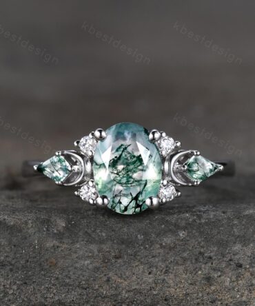 Vintage moss agate engagement ring unique promise ring for women crescent style ring kite cut moss agate cluster ring bridal ring