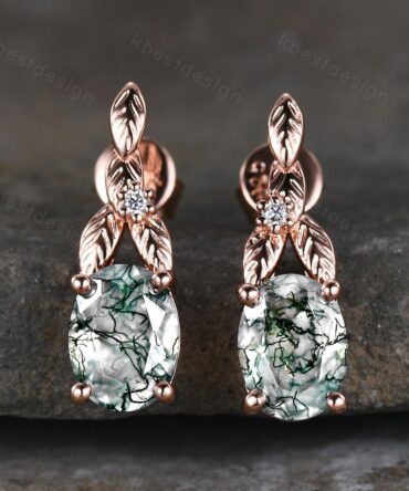 Oval cut moss agate earrings women rose gold earring studs branch leaf earrings nature inspired green agate studs anniversary gift for her