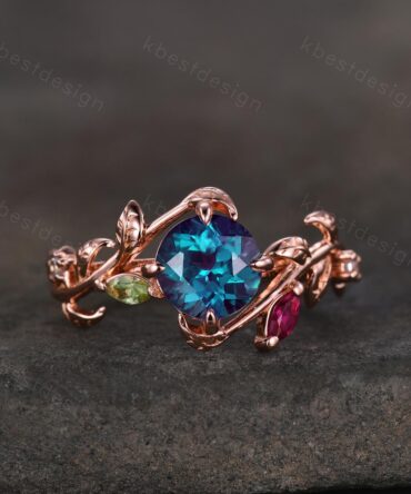 Vintage alexandrite engagement ring rose gold twig leaf ring art deco cluster peridot ruby ring nature inspired ring multi stone ring
