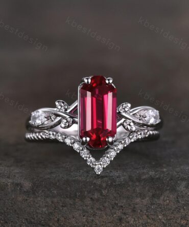 Long Emerald cut Ruby Engagement Ring Twig Leaf  Style Bridal Set Unique Curved Moissanite Wedding Ring Anniversary Promise Ring