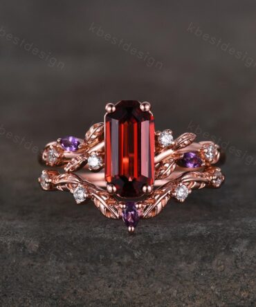 Vintage emerald garnet engagement ring set rose gold twig leaf amethyst ring nature branch ring unique art deco bridal wedding ring set