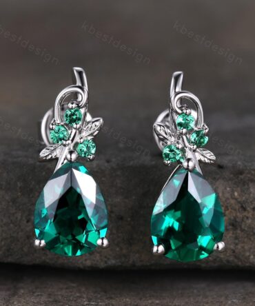 Nature inspired emerald earrings women 925 silver earring studs teardrop earrings art deco May birthstone studs anniversary gift for her