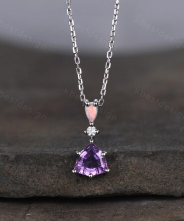 Vintage Amethyst Opal Necklace, White Gold Trillion cut Amethyst Pendant, February Birthstone Jewelry, Unique Art Deco Bridal Promise Gift