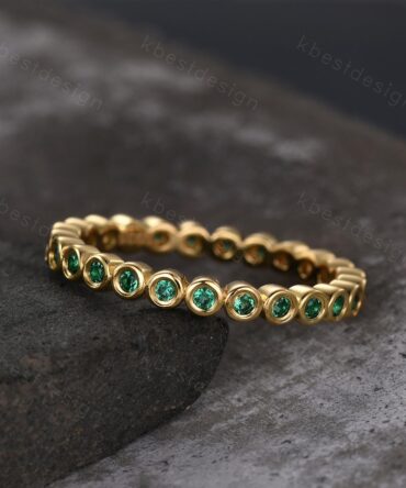 Bezel set Emerald wedding band yellow gold full eternity wedding band unique stacking matching band 1.5mm emerald ring Anniversary band