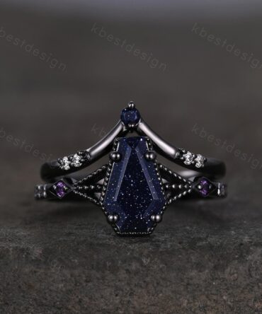 Vintage Coffin cut Blue Sandstone Engagement Ring Art Deco Galaxy Wedding Ring Gothic Black Gold Ring Unique Bridal Promise Set