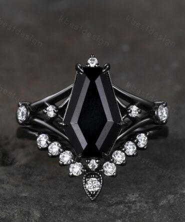Gothic Black Onyx Engagement Ring Set Black Gold Rings For Women Unique Curved Moissanite Stacking Band Promise Statement Ring